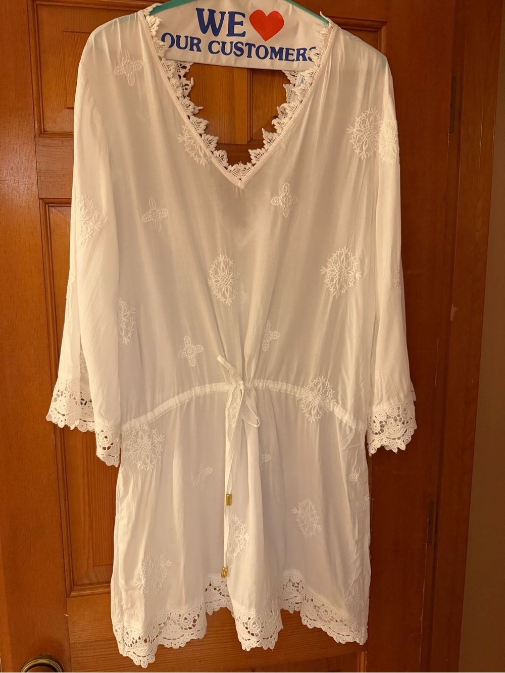 blue island White Embroidered V-Neck Swim Coverup